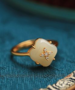 Natural Hetian Jade Four-Leaf Clover Ring for Women - 18K Gold-Plated Luxury Jade Index Finger Ring, Elegant Women's Jewelry