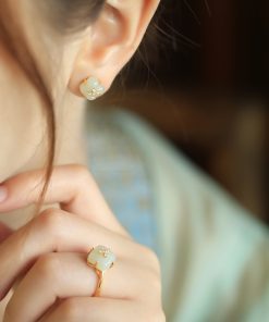 Natural Hetian Jade Four-Leaf Clover Ring for Women - 18K Gold-Plated Luxury Jade Index Finger Ring, Elegant Women's Jewelry