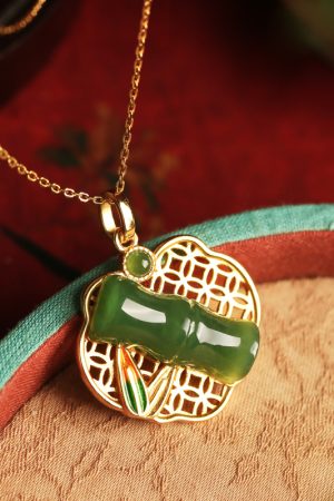 Natural Hetian Jade Green Bamboo Joint Ruyi Lock Pure Silver Pendant Necklace - Women's Chinese Style National Wind Jade Jewelry