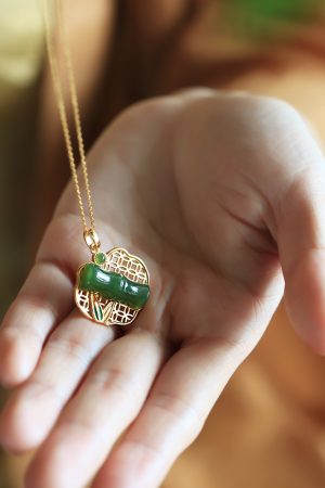 Natural Hetian Jade Green Bamboo Joint Ruyi Lock Pure Silver Pendant Necklace - Women's Chinese Style National Wind Jade Jewelry