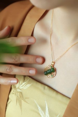 Natural Hetian Jade Green Bamboo Joint Ruyi Lock Pure Silver Pendant Necklace - Women's Chinese Style National Wind Jade Jewelry