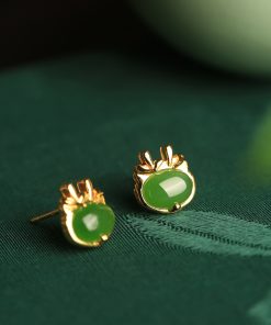 Natural Hetian Jade Green Earrings for Women - Pure Silver with Gold Inlay, Chinese Style, Dragon Year Design