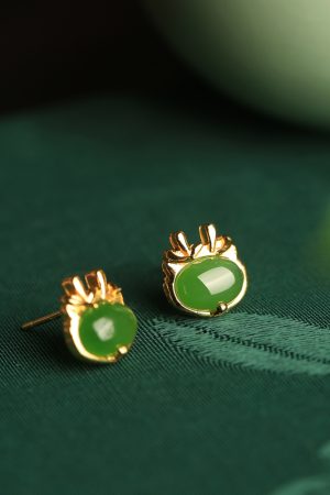 Natural Hetian Jade Green Earrings for Women - Pure Silver with Gold Inlay, Chinese Style, Dragon Year Design