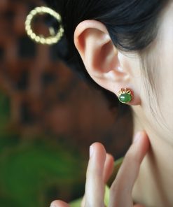 Natural Hetian Jade Green Earrings for Women - Pure Silver with Gold Inlay, Chinese Style, Dragon Year Design