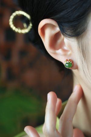 Natural Hetian Jade Green Earrings for Women - Pure Silver with Gold Inlay, Chinese Style, Dragon Year Design