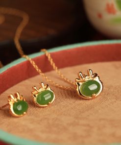 Natural Hetian Jade Green Earrings for Women - Pure Silver with Gold Inlay, Chinese Style, Dragon Year Design