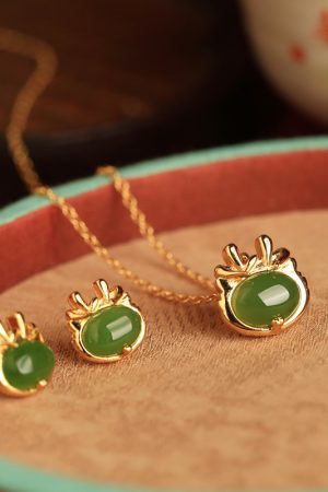 Natural Hetian Jade Green Earrings for Women - Pure Silver with Gold Inlay, Chinese Style, Dragon Year Design