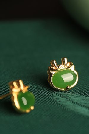 Natural Hetian Jade Green Earrings for Women - Pure Silver with Gold Inlay, Chinese Style, Dragon Year Design