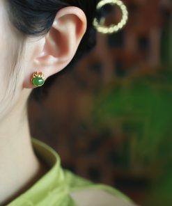 Natural Hetian Jade Green Earrings for Women - Pure Silver with Gold Inlay, Chinese Style, Dragon Year Design