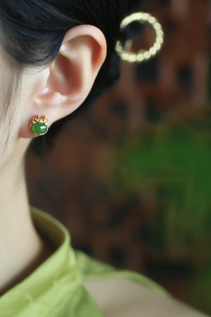 Natural Hetian Jade Green Earrings for Women - Pure Silver with Gold Inlay, Chinese Style, Dragon Year Design