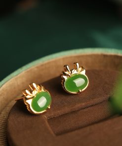 Natural Hetian Jade Green Earrings for Women - Pure Silver with Gold Inlay, Chinese Style, Dragon Year Design