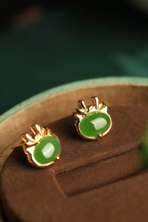 Natural Hetian Jade Green Earrings for Women - Pure Silver with Gold Inlay, Chinese Style, Dragon Year Design
