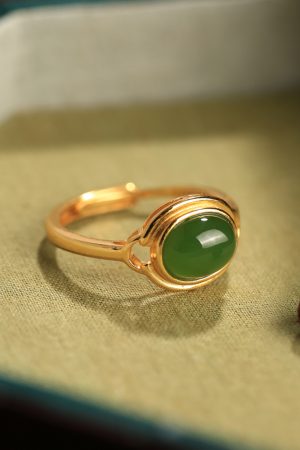 Natural Hetian Jade Green Egg Face Ring for Women, 18K Gold-Plated Light Luxury Silver Ingot Design, High-End Jade Stone Jewelry
