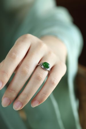 Natural Hetian Jade Green Egg Face Ring for Women, 18K Gold-Plated Light Luxury Silver Ingot Design, High-End Jade Stone Jewelry