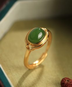 Natural Hetian Jade Green Egg Face Ring for Women, 18K Gold-Plated Light Luxury Silver Ingot Design, High-End Jade Stone Jewelry