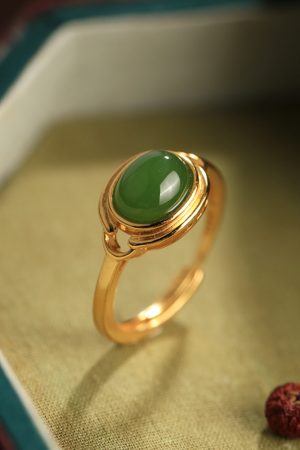 Natural Hetian Jade Green Egg Face Ring for Women, 18K Gold-Plated Light Luxury Silver Ingot Design, High-End Jade Stone Jewelry
