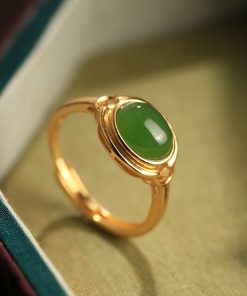 Natural Hetian Jade Green Egg Face Ring for Women, 18K Gold-Plated Light Luxury Silver Ingot Design, High-End Jade Stone Jewelry
