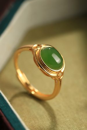 Natural Hetian Jade Green Egg Face Ring for Women, 18K Gold-Plated Light Luxury Silver Ingot Design, High-End Jade Stone Jewelry