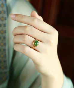 Natural Hetian Jade Green Egg Face Ring for Women, 18K Gold-Plated Light Luxury Silver Ingot Design, High-End Jade Stone Jewelry