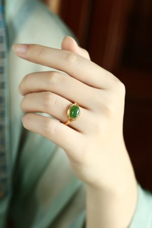 Natural Hetian Jade Green Egg Face Ring for Women, 18K Gold-Plated Light Luxury Silver Ingot Design, High-End Jade Stone Jewelry