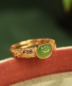 Natural Hetian Jade Green Jadeite Women's Open Gold Inlaid Ring - Pure Silver Ancient Method, Chinese Style Jewelry