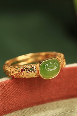 Natural Hetian Jade Green Jadeite Women's Open Gold Inlaid Ring - Pure Silver Ancient Method, Chinese Style Jewelry