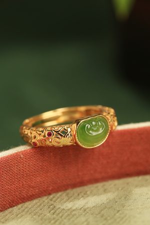 Natural Hetian Jade Green Jadeite Women's Open Gold Inlaid Ring - Pure Silver Ancient Method, Chinese Style Jewelry