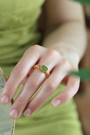 Natural Hetian Jade Green Jadeite Women's Open Gold Inlaid Ring - Pure Silver Ancient Method, Chinese Style Jewelry