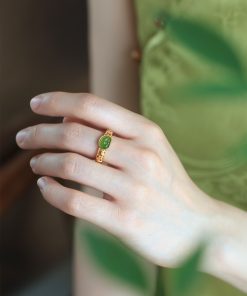 Natural Hetian Jade Green Jadeite Women's Open Gold Inlaid Ring - Pure Silver Ancient Method, Chinese Style Jewelry