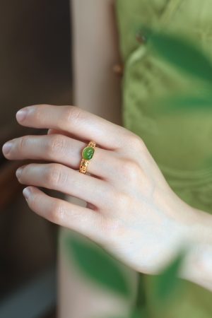 Natural Hetian Jade Green Jadeite Women's Open Gold Inlaid Ring - Pure Silver Ancient Method, Chinese Style Jewelry