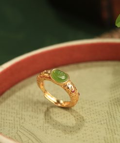 Natural Hetian Jade Green Jadeite Women's Open Gold Inlaid Ring - Pure Silver Ancient Method, Chinese Style Jewelry