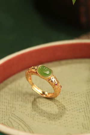 Natural Hetian Jade Green Jadeite Women's Open Gold Inlaid Ring - Pure Silver Ancient Method, Chinese Style Jewelry
