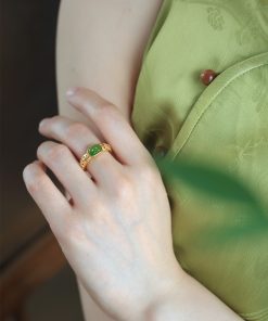 Natural Hetian Jade Green Jadeite Women's Open Gold Inlaid Ring - Pure Silver Ancient Method, Chinese Style Jewelry