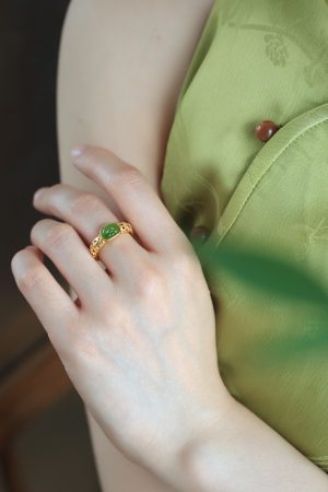 Natural Hetian Jade Green Jadeite Women's Open Gold Inlaid Ring - Pure Silver Ancient Method, Chinese Style Jewelry