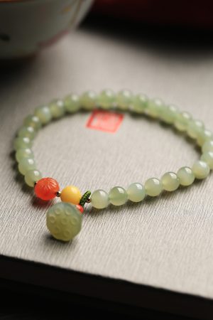 Natural Hetian Jade Lotus Pod Beaded Bracelet for Women, Summer Green Jade Jewelry, Unique Gift for Girls, Stylish Accessory
