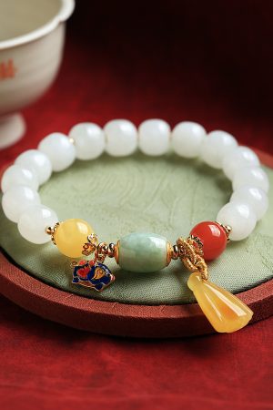 Natural Hetian Jade Multi-Treasure Bracelet for Women - Handmade White Jade Beaded Wristband, High-End Jewelry, Elegant Gift