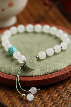 Natural Hetian Jade White Lotus Pod Bracelet - Handmade Summer Beaded Jade Stone & Crystal Jewelry for High-End Fashion.