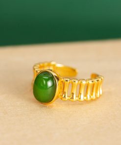 Natural Hetian Jadeite and Silver 18K Gold-Plated Ring for Women - Elegant High-End Gemstone Index Finger Jewelry
