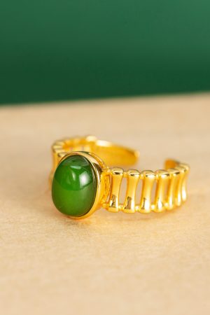 Natural Hetian Jadeite and Silver 18K Gold-Plated Ring for Women - Elegant High-End Gemstone Index Finger Jewelry