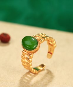 Natural Hetian Jadeite and Silver 18K Gold-Plated Ring for Women - Elegant High-End Gemstone Index Finger Jewelry