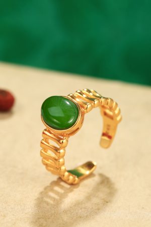 Natural Hetian Jadeite and Silver 18K Gold-Plated Ring for Women - Elegant High-End Gemstone Index Finger Jewelry