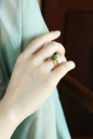 Natural Hetian Jadeite and Silver 18K Gold-Plated Ring for Women - Elegant High-End Gemstone Index Finger Jewelry