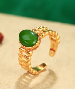 Natural Hetian Jadeite and Silver 18K Gold-Plated Ring for Women - Elegant High-End Gemstone Index Finger Jewelry
