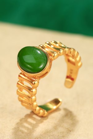 Natural Hetian Jadeite and Silver 18K Gold-Plated Ring for Women - Elegant High-End Gemstone Index Finger Jewelry