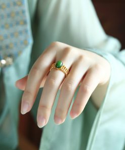 Natural Hetian Jadeite and Silver 18K Gold-Plated Ring for Women - Elegant High-End Gemstone Index Finger Jewelry