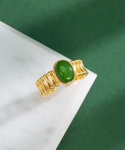 Natural Hetian Jadeite and Silver 18K Gold-Plated Ring for Women - Elegant High-End Gemstone Index Finger Jewelry