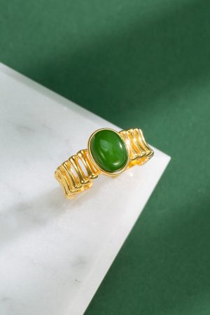Natural Hetian Jadeite and Silver 18K Gold-Plated Ring for Women - Elegant High-End Gemstone Index Finger Jewelry