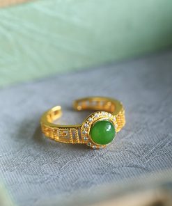 Natural Hetian Jadeite Diamond-Inlaid Silver Ring for Women, 18k Gold Plated Lightweight Luxury Jewelry