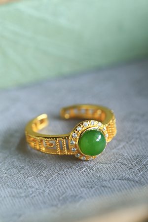 Natural Hetian Jadeite Diamond-Inlaid Silver Ring for Women, 18k Gold Plated Lightweight Luxury Jewelry