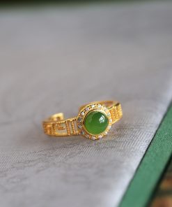 Natural Hetian Jadeite Diamond-Inlaid Silver Ring for Women, 18k Gold Plated Lightweight Luxury Jewelry